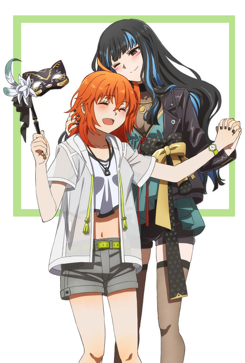 2girls ahoge black_hair black_jacket black_shorts blue_hair breasts brown_thighhighs closed_eyes collarbone colored_inner_hair crop_top dress eyeliner fate/grand_order fate_(series) fujimaru_ritsuka_(female) fujimaru_ritsuka_(female)_(summer_street) green_dress grey_eyes grey_shorts highres jacket jewelry long_hair long_sleeves makeup mask masquerade_mask medium_breasts midriff multicolored_hair multiple_girls navel necklace oiun one_eye_closed one_side_up open_clothes open_jacket open_mouth open_shirt orange_hair shirt short_hair short_sleeves shorts sidelocks smile tenochtitlan_(event_portrait)_(fate) tenochtitlan_(fate) thighhighs thighs watch white_shirt wristwatch