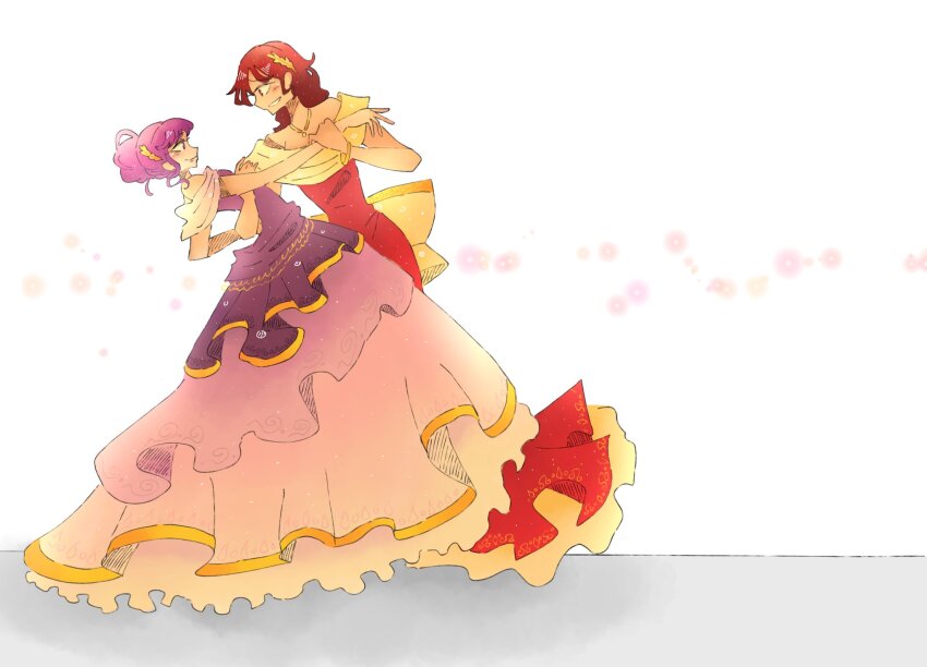 dancing dress highres kenjou_akira kirakira_precure_a_la_mode kotozume_yukari long_dress mermaid_dress precure purple_dress purple_hair red_dress red_hair shipping_(fandom) source_request white_background yuri