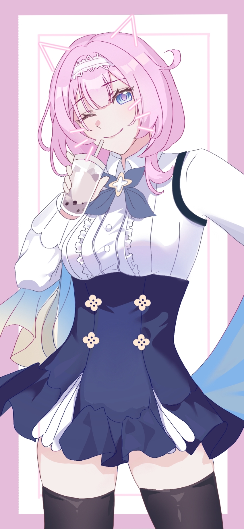 1girl animal_ears black_thighhighs blue_dress blue_eyes border breasts bubble_tea buxiangyongshimingshangwang cat_ears chinese_commentary commentary_request cowboy_shot cup disposable_cup dress elysia_(coco)_(honkai_impact) elysia_(honkai_impact) fake_animal_ears fake_whiskers hairband highres holding holding_cup honkai_(series) honkai_impact_3rd medium_breasts official_alternate_costume one_eye_closed pink_hair purple_border smile solo thighhighs white_background white_hairband zettai_ryouiki