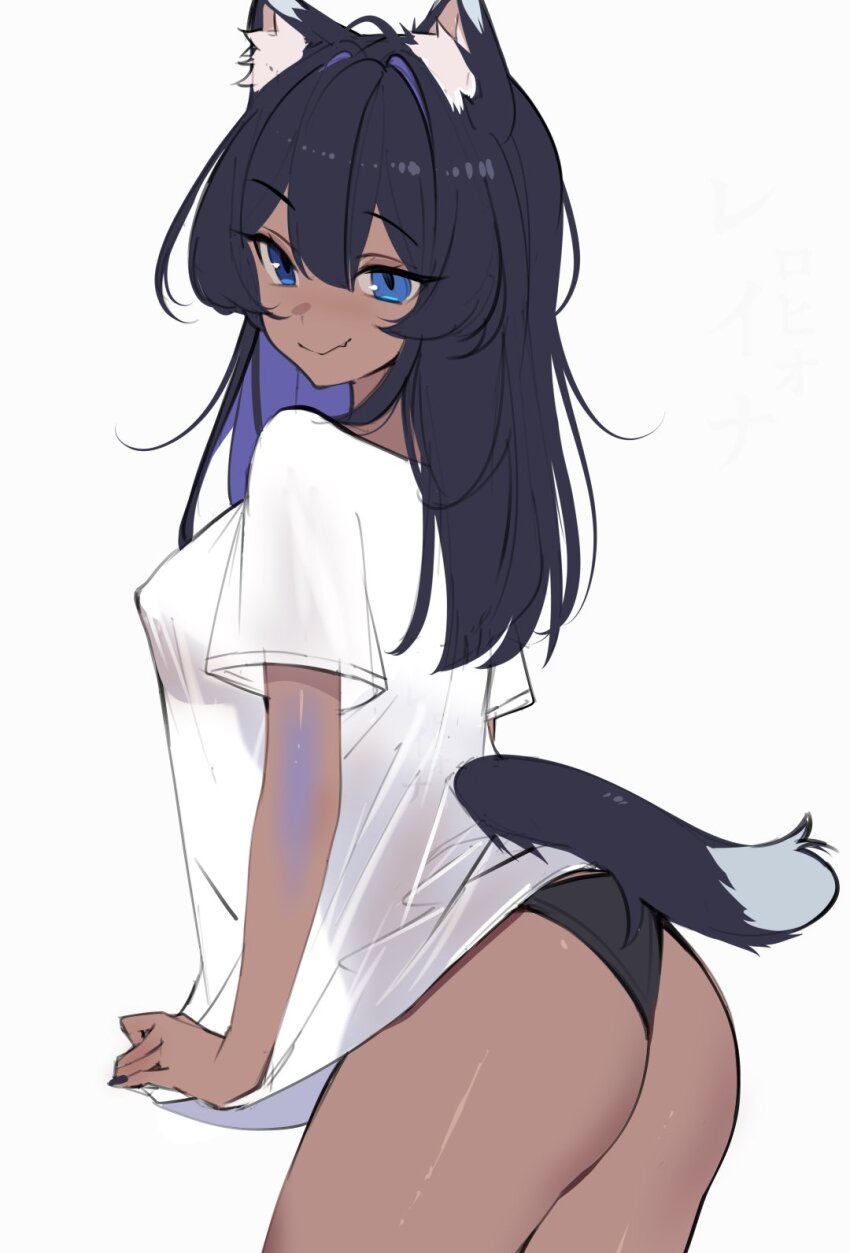 1girl animal_ear_fluff animal_ears ass black_hair black_nails black_panties blue_eyes breasts closed_mouth colored_inner_hair highres long_hair multicolored_hair original panties purple_hair rohioart shirt smile tail underwear white_shirt