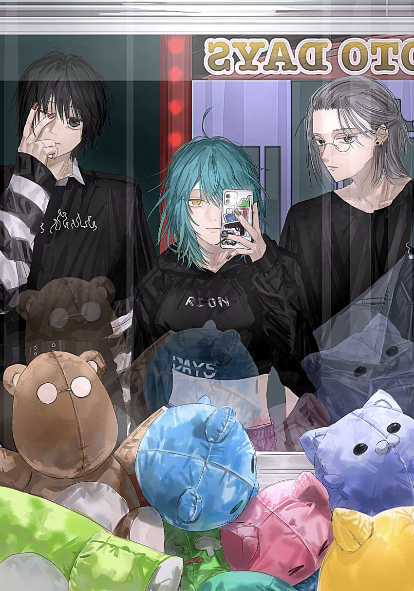 1girl 2boys aged_down akao_rion aqua_hair artistic_error asagi_(0w0) black_hair black_nails black_shirt cellphone character_name copyright_name earrings glasses grey_hair hand_up highres jewelry medium_hair multiple_boys nagumo_(sakamoto_days) nail_polish phone red_nails reflection sakamoto_days sakamoto_taro sakamoto_taro_(skinny) shirt short_hair striped_sleeves stuffed_toy yellow_eyes