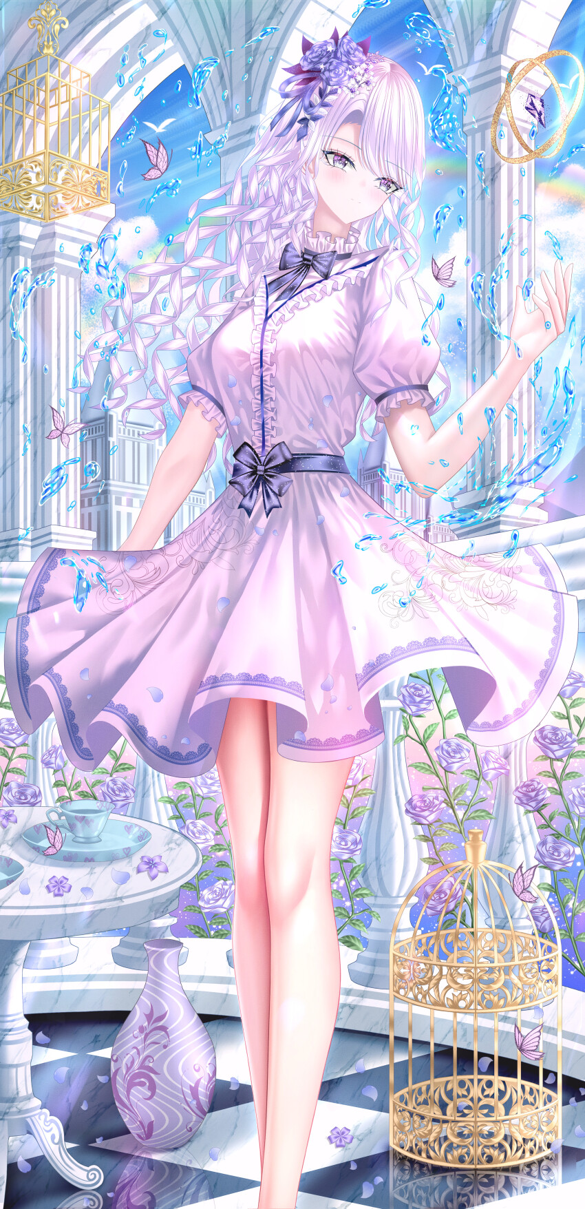 1girl absurdres architecture bird birdcage black_bow black_bowtie blush bow bowtie breasts bug building butterfly cage closed_mouth cloud commentary cup curtained_hair day dress eyelashes feet_out_of_frame flower hair_flower hair_ornament highres hydrokinesis insect large_breasts long_hair original pillar pink_butterfly pink_dress plate puffy_short_sleeves puffy_sleeves purple_butterfly purple_eyes purple_flower purple_hair purple_rose rainbow ringlets rose short_sleeves sky smile solo standing symbol-only_commentary table teacup tina_(tinafya) vase water