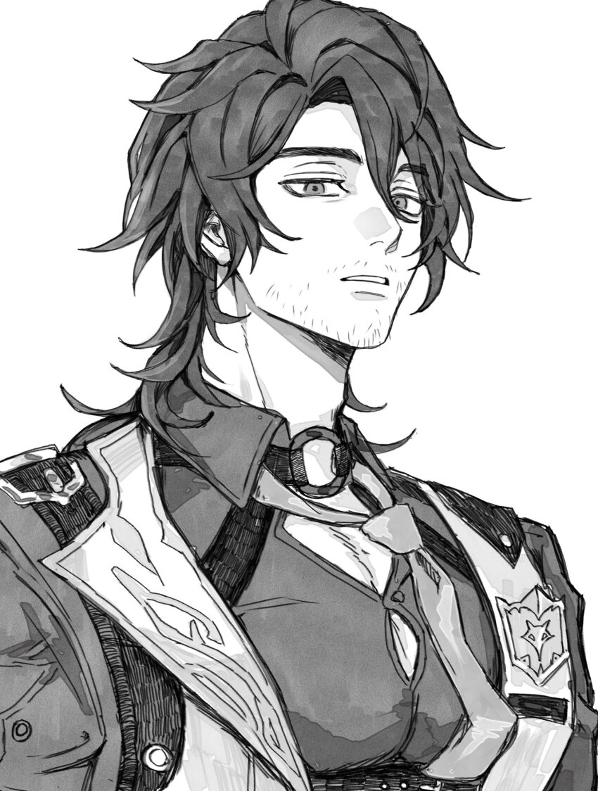 1boy beard_stubble belt belt_buckle buckle collared_shirt commentary_request facial_hair gallagher_(honkai:_star_rail) greyscale hair_between_eyes highres honkai:_star_rail honkai_(series) lapels looking_to_the_side male_focus monochrome o-ring parted_bangs parted_hair parted_lips shirt shoulder_belt simple_background solo stubble teeth upper_body vest white_background wing_collar xo_5ss