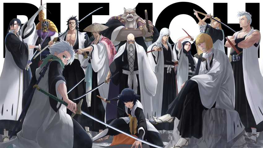 2girls 6+boys absurdres bald beard black_gloves black_hair black_kimono bleach bleach:_sennen_kessen-hen blonde_hair bob_cut braid closed_mouth commentary copyright_name crossed_arms everyone facial_hair fighting_stance frilled_sleeves frills frown full_body gloves green_eyes hair_between_eyes hair_over_shoulder haori hat highres hirako_shinji hitsugaya_toushirou holding holding_sword holding_weapon japanese_clothes katana kimono komamura_sajin kuchiki_byakuya kurotsuchi_mayuri kyouraku_shunsui long_beard looking_at_viewer mitarashi_(5333069) muguruma_kensei multiple_boys multiple_girls muscular muscular_male ootoribashi_roujuurou open_mouth scar_on_head sharp_teeth short_hair simple_background single_braid smile spoilers standing straw_hat sui-feng sword tabi teeth ukitake_juushirou unohana_retsu weapon white_background wide_sleeves witch_hat wolf_boy yamamoto-genryuusai_shigekuni zanpakutou zaraki_kenpachi