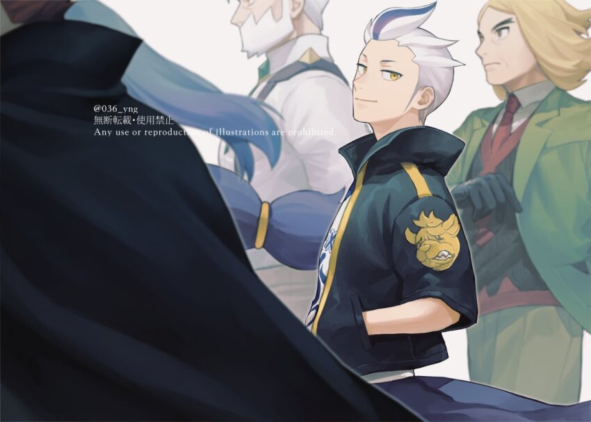 1girl 4boys beard black_cape black_gloves black_jacket black_vest blonde_hair cape closed_mouth collared_shirt commentary_request drayden_(pokemon) drayton_(pokemon) facial_hair floating_hair gloves hand_in_pocket hassel_(pokemon) iris_(pokemon) jacket lance_(pokemon) long_hair looking_to_the_side low-tied_long_hair multicolored_hair multiple_boys necktie nintendo parted_bangs pokemon pokemon_bw pokemon_bw2 pokemon_hgss pokemon_sv red_hair red_necktie shirt smile streaked_hair suspenders twitter_username vest watermark white_hair white_shirt y_(036_yng) yellow_eyes