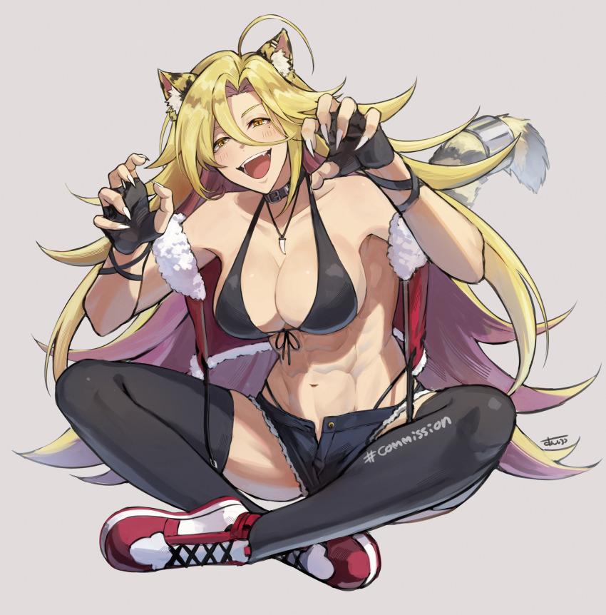 1girl :d abs ahoge animal_ears belt_collar black_bra black_gloves black_panties black_shorts black_thighhighs blonde_hair bra breasts claw_pose claws cleavage collar collarbone commission crossed_legs cutoffs denim denim_shorts fangs fingerless_gloves front-tie_top fur_trim gloves groin_tendon hair_between_eyes high_tops highleg highleg_panties highres indian_style indie_virtual_youtuber jewelry large_breasts long_hair muscular muscular_female necklace open_fly open_mouth panties panty_straps partially_unbuttoned red_shoes red_vest shoes short_shorts shorts signature sitting sleeveless smile sneakers solo string_panties sunsirou tail tala_tora thighhighs tiger_ears tiger_tail unbuttoned underwear very_long_hair vest virtual_youtuber white_shoes wrist_wrap yellow_eyes