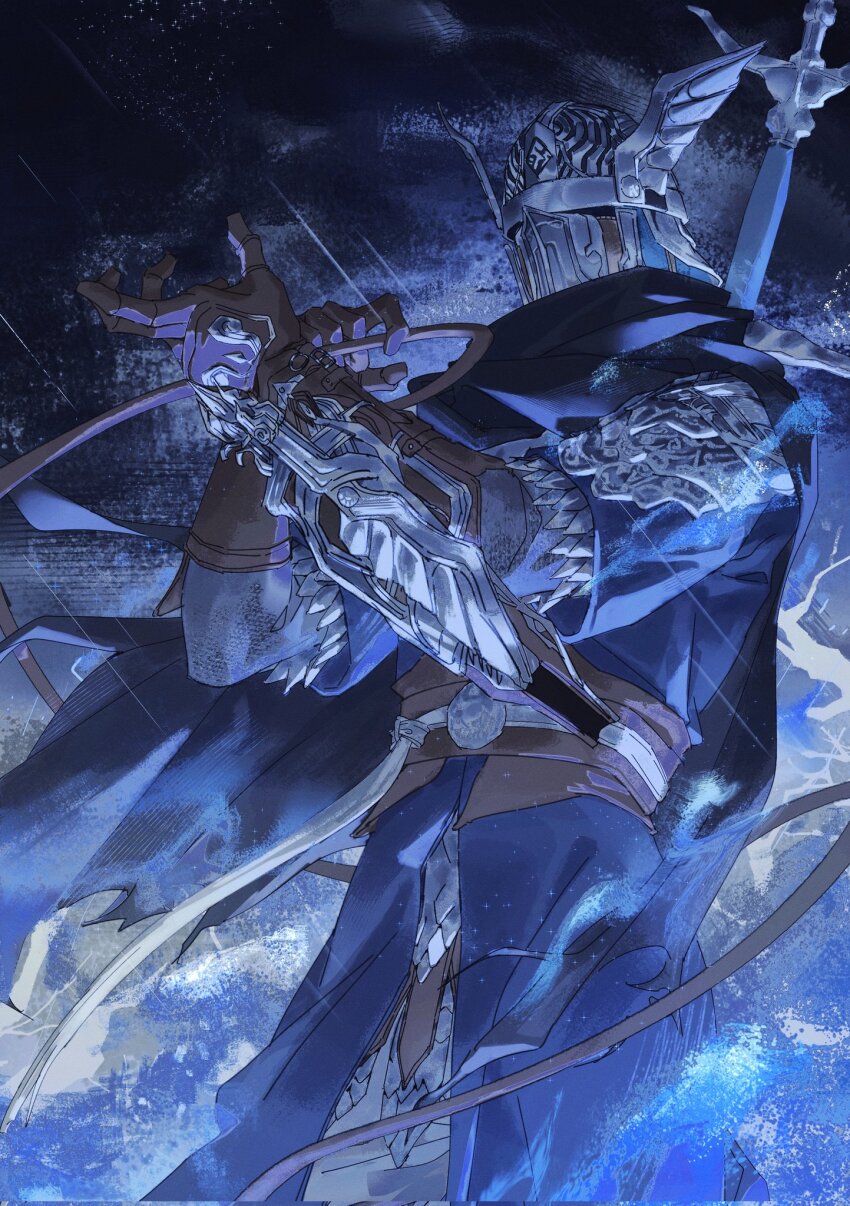 1boy armor cape elden_ring elden_ring_nightreign geranbb gloves helmet highres holding male_focus simple_background solo sword weapon winged_helmet wylder_(elden_ring)