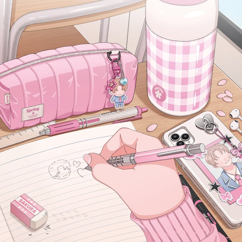 1girl asuka_(a20_suka002018) blue_sky book bottle bow cellphone cellphone_charm chair character_charm charm_(object) classroom day desk drawing_(action) earbuds earphones eraser fingernails hand_focus heart-shaped_charm highres holding holding_pen indoors long_sleeves notebook open_book original pen pencil_case phone pink_bow pink_sleeves ruler school_chair school_desk sky smartphone solo star_charm water_bottle window