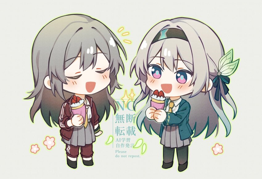 2girls black_hairband black_shoes blush chibi closed_eyes coat crepe firefly_(honkai:_star_rail) food gradient_hair green_coat green_pupils grey_hair grey_skirt hair_ornament hair_ribbon hairband highres holding holding_crepe holding_food honkai:_star_rail honkai_(series) ice_cream_crepe jacket leggings multicolored_eyes multicolored_hair multiple_girls natsuki_(2917) necktie open_clothes open_coat open_jacket open_mouth orange_necktie pants petals pleated_skirt ribbon shoes simple_background skirt stelle_(honkai:_star_rail) track_jacket track_pants trailblazer_(honkai:_star_rail) two-tone_eyes watermark white_background
