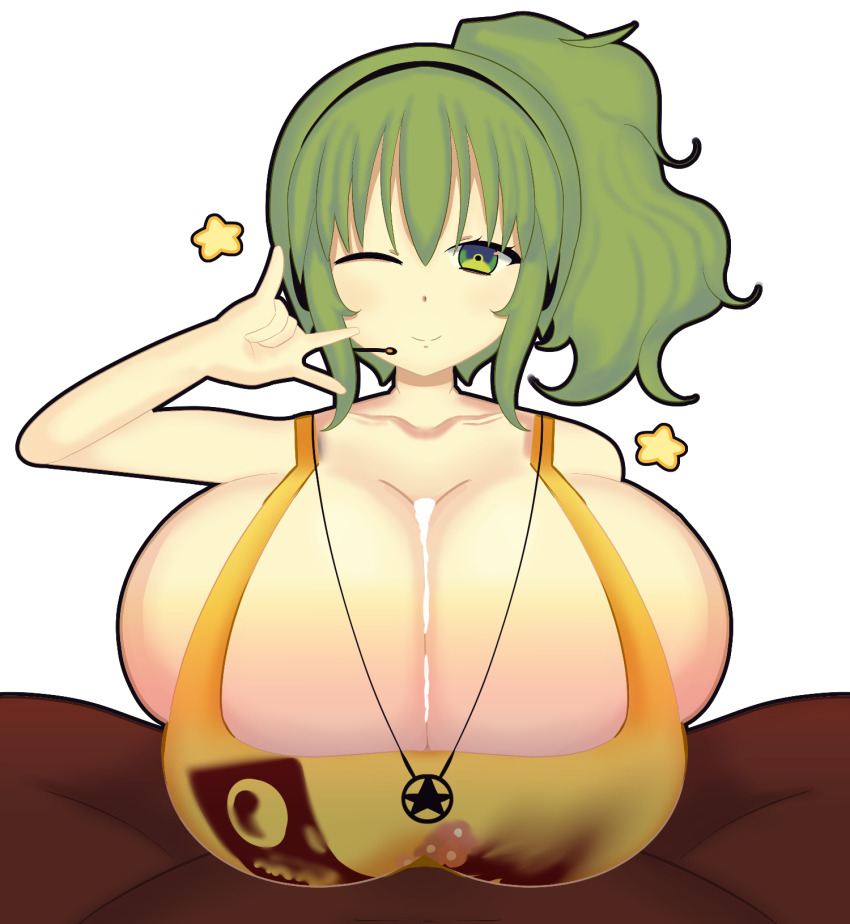 1boy 1girl bra breasts closed_mouth collarbone cum cum_on_body cum_on_breasts cum_on_upper_body dark-skinned_male dark_skin dot_nose drawfag gigantic_breasts green_eyes green_hair headphones hetero highres jewelry long_hair necklace one_eye_closed outline paizuri ponytail pov print_bra sidelocks simple_background skindentation smile sonika sports_bra star_(symbol) star_necklace transparent_background underwear vocaloid yellow_bra