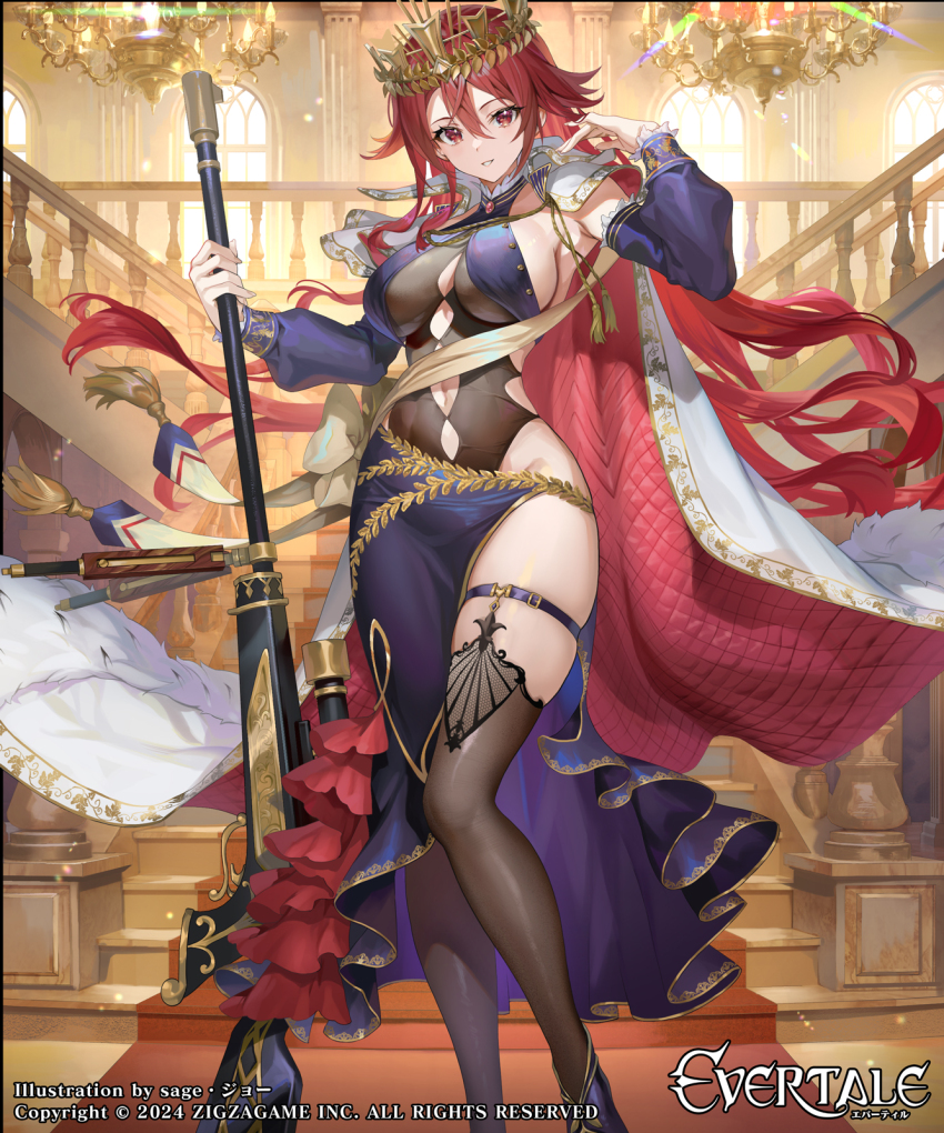 1girl banister belt black_thighhighs blue_dress breasts cape chandelier cleavage_cutout clothing_cutout commentary_request crown detached_sleeves dress evertale gem groin gun hair_between_eyes highres holding holding_gun holding_weapon indoors large_breasts long_hair looking_at_viewer napoleon_(evertale) official_art red_cape red_carpet red_eyes red_gemstone red_hair revealing_clothes rifle sage_joh scope side_slit sideboob skindentation smile sniper_rifle stairs standing tassel thigh_belt thigh_strap thighhighs two-tone_cape weapon white_cape wide_hips window