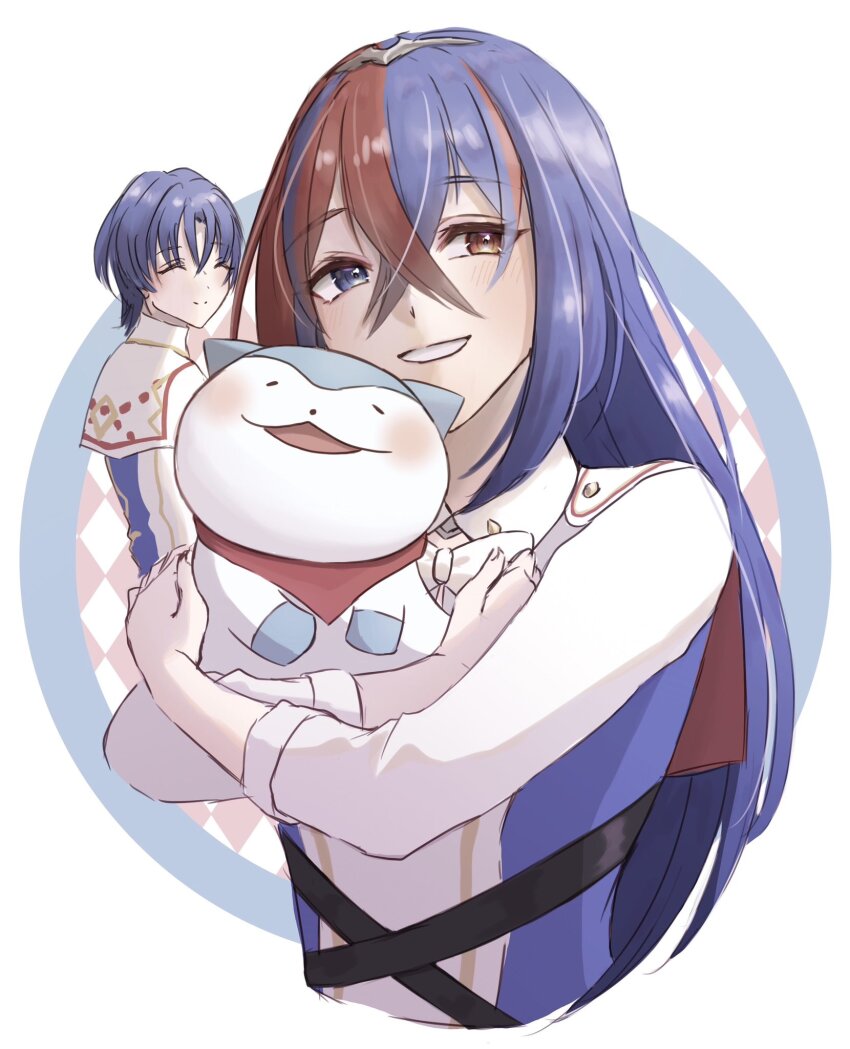 1boy 1girl blue_eyes blue_hair closed_eyes crossed_bangs female_alear_(divine_attire)_(fire_emblem) female_alear_(fire_emblem) fire_emblem fire_emblem_engage hair_between_eyes heterochromia highres long_hair long_sleeves looking_at_viewer male_alear_(divine_dragon)_(fire_emblem) male_alear_(fire_emblem) multicolored_hair nintendo official_alternate_hair_color red_eyes red_hair short_hair smile sommie_(fire_emblem) split-color_hair tondemoneeds two-tone_hair