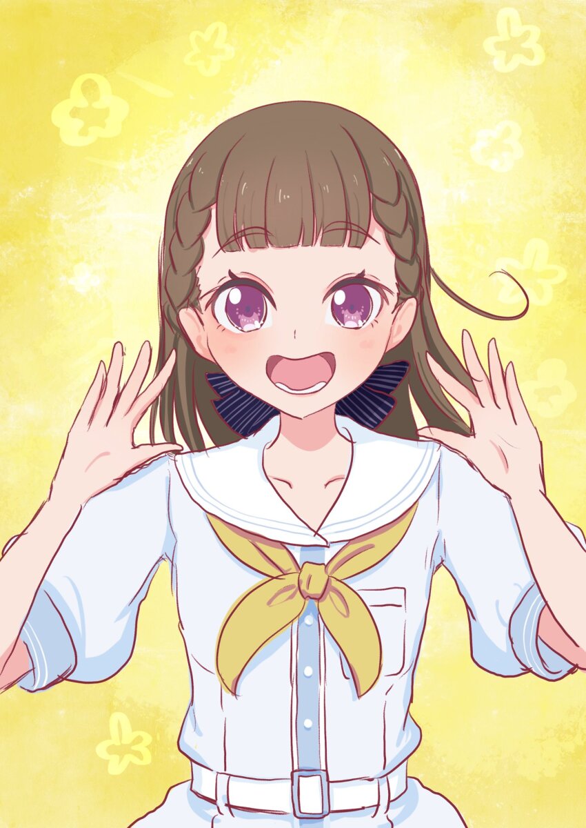 1girl :d black_bow blunt_bangs bow braid brown_hair center-flap_bangs commentary dress floral_background flower_symbol hair_bow hands_up hasu_no_sora_school_uniform highres kachimachi_kosuzu light_blush link!_like!_love_live! long_hair looking_at_viewer love_live! lower_teeth_only neckerchief open_mouth pink_eyes sailor_collar sailor_dress school_uniform seiha_(hnumkt) short_sleeves side_ahoge side_braids smile solo straight-on straight_hair striped_bow summer_uniform teeth upper_body virtual_youtuber white_dress white_sailor_collar yellow_background yellow_neckerchief