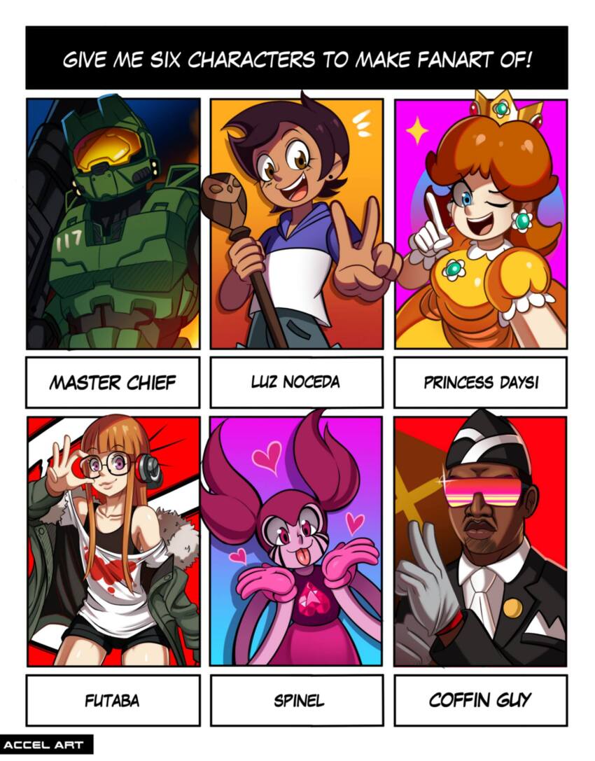 2boys 4girls :p accelart armor blue_eyes brown_eyes brown_hair character_name coffin colored_skin crossover crown dancing_pallbearers_(meme) dark-skinned_female dark-skinned_male dark_skin dress give_me_six_characters_that_remind_you_of_me_and_i_will_draw_them!_(challenge) glasses gloves halo_(series) headphones helmet highres jacket lips luz_noceda mario_(series) master_chief meme multiple_boys multiple_girls necktie nintendo one_eye_closed open_mouth orange_hair persona persona_5 pink_eyes pink_hair pink_skin princess_daisy sakura_futaba shorts smile spinel_(steven_universe) steven_universe sunglasses the_owl_house tongue tongue_out twintails v