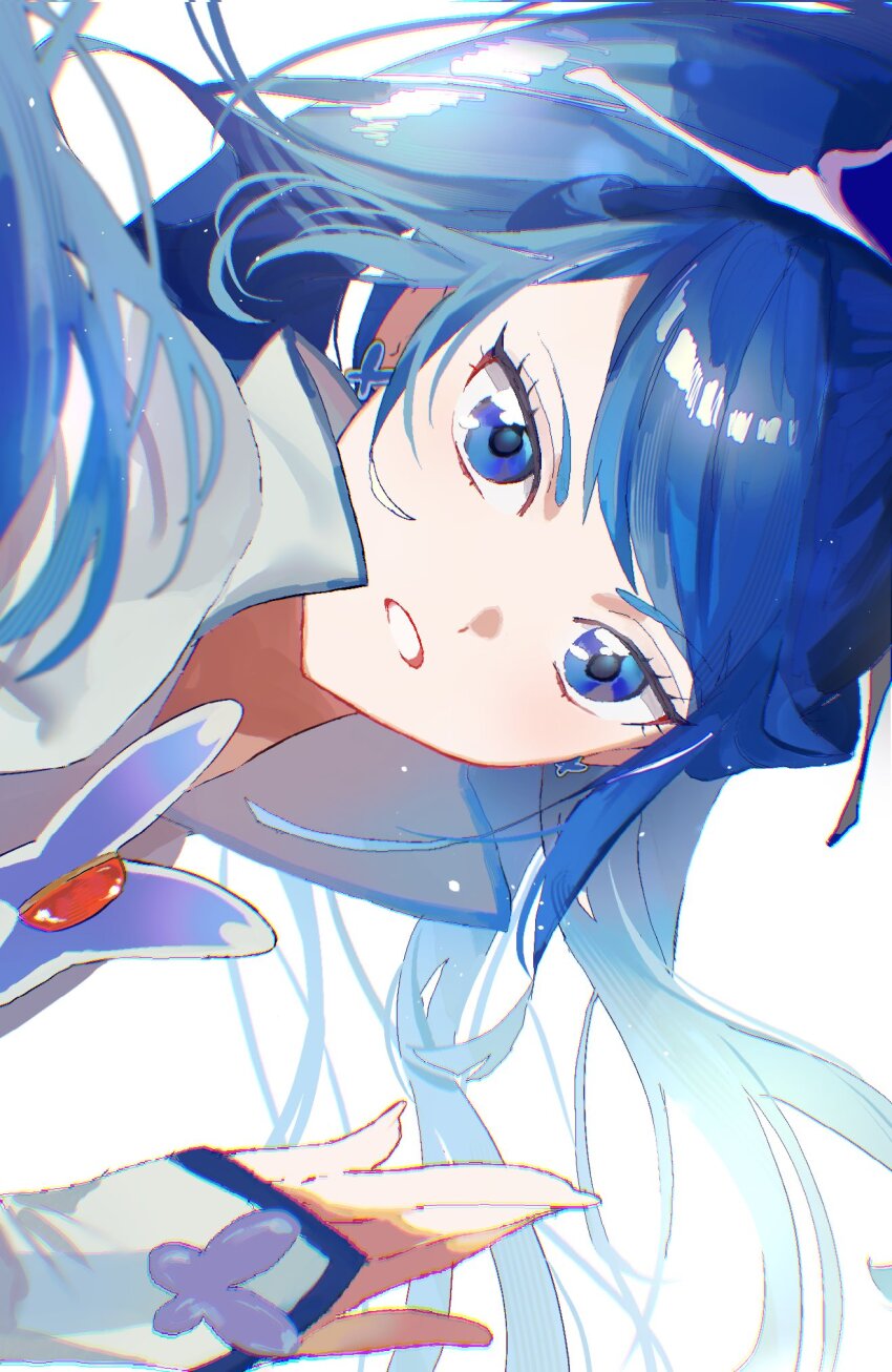 1girl blue_dress blue_eyes blue_gloves blue_hair blue_vest blush brooch butterfly_brooch butterfly_earrings butterfly_hair_ornament cure_aqua dress earrings fingerless_gloves gloves hair_ornament high_ponytail highres jewelry long_hair lrprr magical_girl minazuki_karen open_mouth ponytail precure puffy_short_sleeves puffy_sleeves short_sleeves solo upper_body vest yes!_precure_5 yes!_precure_5_gogo!