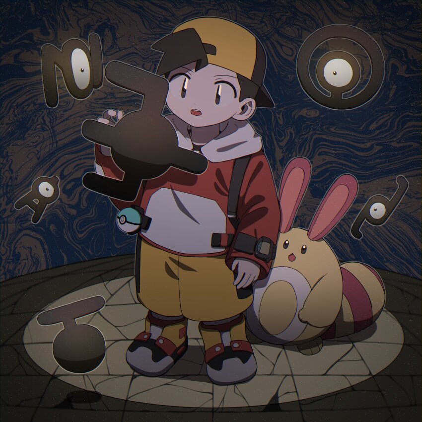 1boy alternate_color backwards_hat black_eyes black_hair ethan_(pokemon) game_freak gen_2_pokemon hat highres hood hood_down hooded_jacket huyugmy jacket long_sleeves male_focus nintendo open_mouth poke_ball pokegear pokemon pokemon_(creature) pokemon_gsc sentret shiny_pokemon shoes shorts standing unown unown_a unown_e unown_n unown_o unown_t unown_z