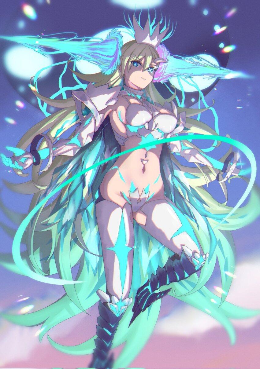 1girl alien braid breasts dark_green_hair fate/grand_order fate_(series) fur_trim fusion glowing highres horns huge_horns knee_spikes large_breasts long_braid long_hair long_horns looking_at_viewer olga_marie_animusphere ort_(type-moon) reijgr_(ff9999x) side_braid single_horn solo type-moon u-olga_marie very_long_hair white_hair