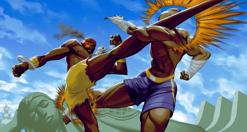 2boys bald bindi blue_sky capcom cloud dark-skinned_male dark_skin dhalsim eyepatch facepaint fighting foot_wraps hand_wraps jewelry kicking leg_wrap male_focus multiple_boys muscular muscular_male necklace outdoors sagat scar scar_on_chest shorts skull_necklace sky statue street_fighter street_fighter_ii_(series) wrist_wrap