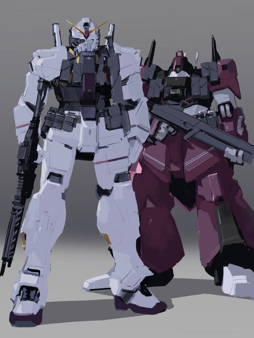 aeug ammunition_pouch arms_at_sides assault_rifle finger_on_trigger full_body gradient_background green_eyes gun gundam gundam_mk_ii highres holding holding_gun holding_weapon looking_at_viewer mecha mecha_focus mobile_suit no_humans one-eyed pouch rick_dias rifle rintaro_komori robot science_fiction shadow standing v-fin weapon zeta_gundam