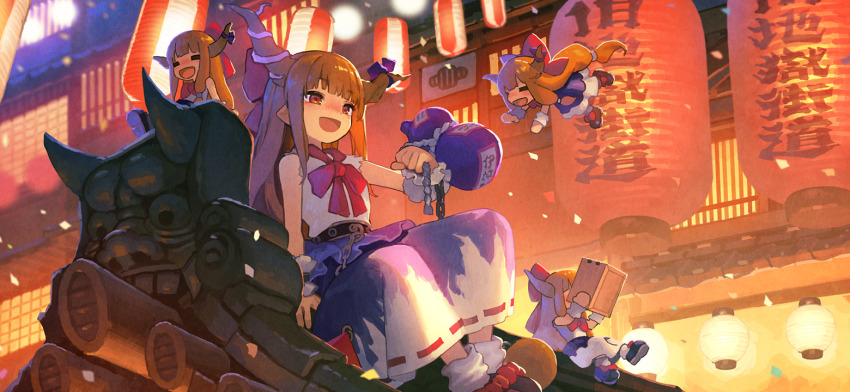 4girls bow brown_horns chain closed_eyes commentary_request confetti drinking game_cg gourd hair_bow holding holding_gourd horn_ornament horn_ribbon horns ibuki_suika kitsune_(kazenouta) lantern long_hair masu mini_person minigirl multiple_girls multiple_persona official_art oni open_mouth orange_hair outdoors paper_lantern pointy_ears purple_skirt red_bow ribbon ribbon-trimmed_skirt ribbon_trim shoes skirt smile socks third-party_source torn_clothes torn_sleeves touhou touhou_gensou_eclipse translation_request two-tone_skirt very_long_hair white_skirt white_socks wrist_cuffs