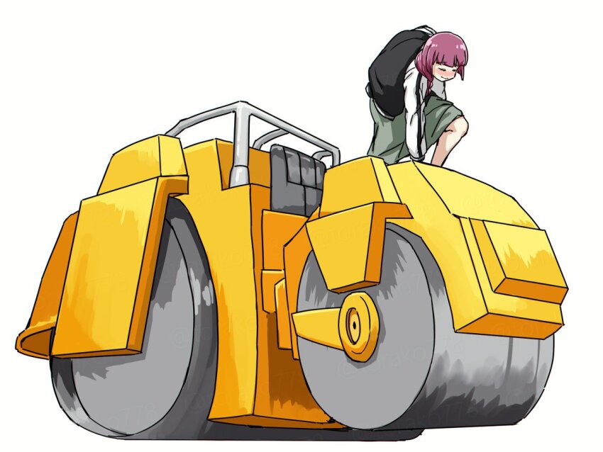 1girl black_jacket bocchi_the_rock! dio_brando dress fighting_game green_dress hiroi_kikuri jacket jojo_no_kimyou_na_bouken jojo_no_kimyou_na_bouken:_mirai_e_no_isan long_hair object_focus pink_hair simple_background solo stardust_crusaders steamroller torako_(toramaru) white_background wide_shot