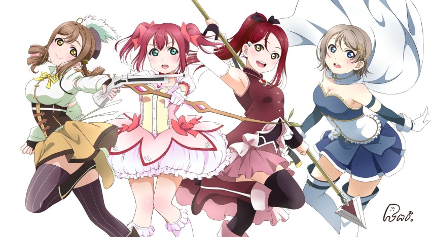 4girls aqua_eyes artist_name blue_eyes blue_skirt bow_(weapon) breasts brown_eyes brown_gloves brown_hair bubble_skirt cape cleavage closed_mouth corset cosplay cowboy_shot detached_sleeves drill_hair fingerless_gloves fortissimo frilled_legwear gloves gun hair_ornament highres holding holding_bow_(weapon) holding_gun holding_polearm holding_spear holding_sword holding_weapon kaname_madoka kaname_madoka_(cosplay) kaname_madoka_(magical_girl) kneehighs kunikida_hanamaru kurosawa_ruby leg_up light_brown_hair long_hair looking_at_viewer love_live! love_live!_sunshine!! magical_girl mahou_shoujo_madoka_magica mahou_shoujo_madoka_magica_(anime) medium_breasts miki_sayaka miki_sayaka_(cosplay) miki_sayaka_(magical_girl) multiple_girls musical_note musical_note_hair_ornament open_mouth polearm ponytail puffy_short_sleeves puffy_sleeves red_hair red_skirt runi_(87025) sakura_kyoko sakura_kyoko_(cosplay) sakura_kyoko_(magical_girl) sakurauchi_riko short_hair short_sleeves simple_background skirt small_breasts smile socks spear striped_clothes striped_legwear striped_thighhighs sword teeth thighhighs tomoe_mami tomoe_mami_(cosplay) tomoe_mami_(magical_girl) twin_drills upper_teeth_only vertical-striped_clothes vertical-striped_legwear vertical-striped_thighhighs watanabe_you weapon white_background white_cape white_gloves white_socks white_thighhighs yellow_eyes yellow_skirt zettai_ryouiki