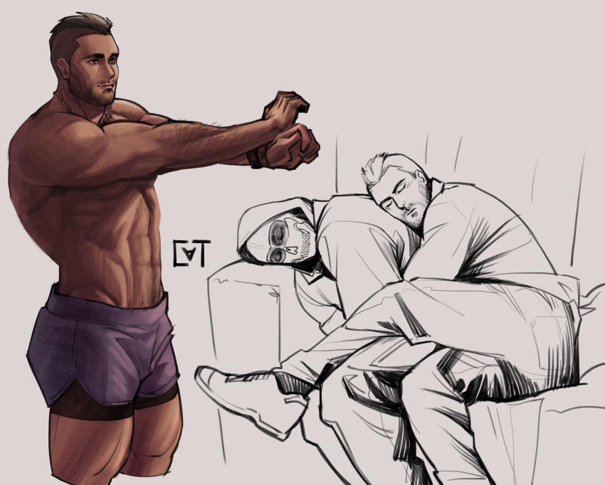 2boys abs absurdres asymmetrical_hair bara black_hair black_shorts call_of_duty call_of_duty:_modern_warfare_2 closed_eyes closed_mouth facepaint facial_hair ghost_(modern_warfare_2) highres hood hood_up hooded_jacket hug jacket large_pectorals male_focus mask multiple_boys muscular muscular_male pants partially_colored pectorals shirt short_hair shorts sidecut sitting skull_mask sleeping soap_(modern_warfare_2) sundaycat3 topless_male undercut watch wristwatch yaoi