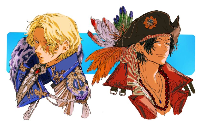 2boys aiguillette alternate_costume ascot bandana belt_buckle black_eyes black_hat blonde_hair blue_feathers buckle closed_mouth coat collarbone collared_coat commentary_request cropped_shoulders curtained_hair earrings feathers freckles gem green_feathers hat highres hoop_earrings jewelry korean_commentary leaff00 looking_to_the_side male_focus multiple_boys multiple_earrings multiple_necklaces necklace one_piece open_clothes open_coat orange_feathers piercing pirate_hat portgas_d._ace red_coat red_gemstone sabo_(one_piece) scar scar_across_eye scar_on_face short_hair sideways_glance stud_earrings tassel wavy_hair white_ascot white_feathers wing_collar