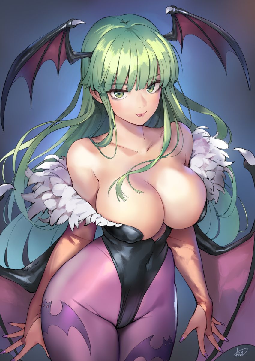 1girl animal_print bare_shoulders bat_print bat_wings black_leotard blush breasts bridal_gauntlets cleavage clothing_cutout collarbone covered_navel darkstalkers demon_girl fur-trimmed_leotard fur_trim green_eyes green_hair heart_cutout highleg highleg_leotard highres large_breasts leotard long_hair looking_at_viewer matsuda_(matsukichi) morrigan_aensland pantyhose purple_pantyhose smile solo thighs tongue tongue_out wings