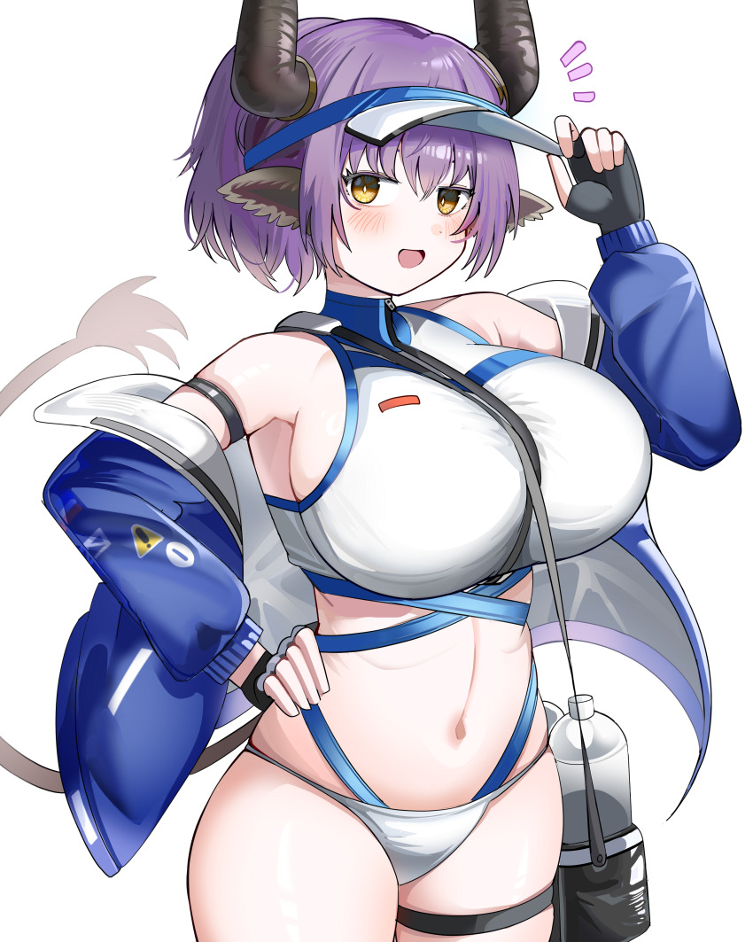 1girl :d absurdres animal_ears arknights arm_strap bikini black_gloves black_horns blue_jacket blush bottle breasts bright_pupils commentary cowboy_shot fingerless_gloves gloves hand_on_own_hip highres horns jacket large_breasts navel notice_lines official_alternate_costume open_mouth purple_hair short_hair sideroca_(arknights) sideroca_(light_breeze)_(arknights) simple_background smile solo spam_(spamham4506) standing swimsuit thigh_strap visor_cap white_background white_bikini white_pupils yellow_eyes