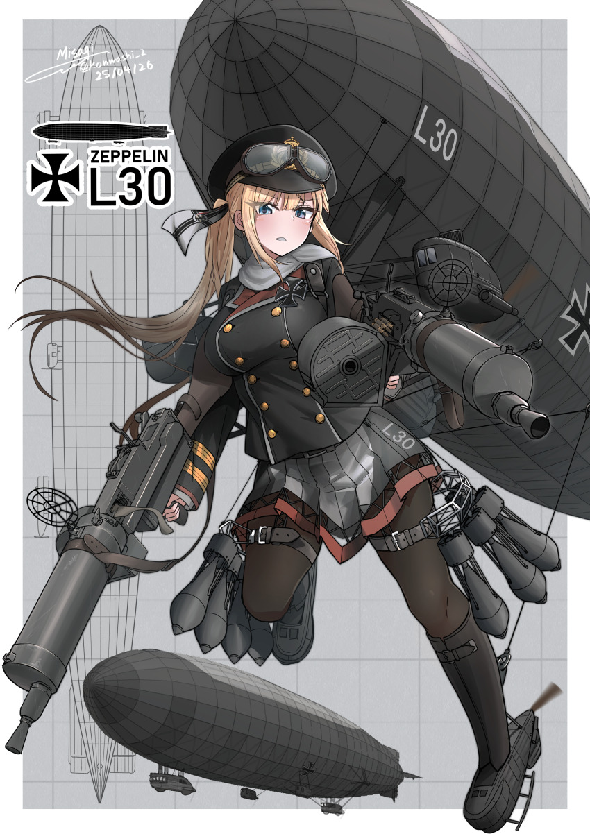 1girl absurdres aircraft black_hat blonde_hair blue_eyes bomb boots cross dirigible explosive goggles goggles_on_headwear grey_scarf grey_skirt gun hat highres holding holding_gun holding_weapon imperial_german_navy iron_cross long_hair machine_gun mecha_musume miniskirt original peaked_cap personification scarf skirt teisei_misagi very_long_hair weapon world_war_i