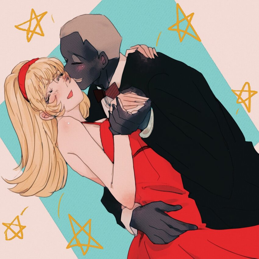 1boy 1girl arm_around_shoulder black_suit blonde_hair closed_eyes cyborg_009 dancing dress formal_clothes francoise_arnoul hairband hand_on_another&#039;s_hip highres holding_hands kiss kissing_cheek long_hair pyunma red_dress red_hairband sariokisu smile straight_hair suit
