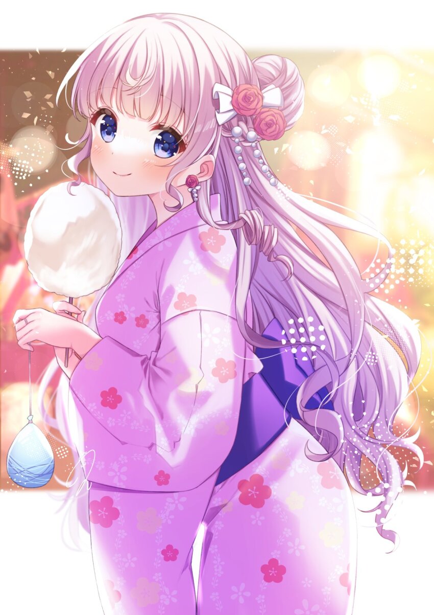 1girl blue_eyes commission cotton_candy earrings flower_earrings food hair_bun highres himeno_aimu holding holding_cotton_candy holding_food indie_virtual_youtuber japanese_clothes jewelry kimono long_hair miyahana_yu_(artist) obi pink_hair pink_kimono purple_sash sash skeb_commission smile solo virtual_youtuber