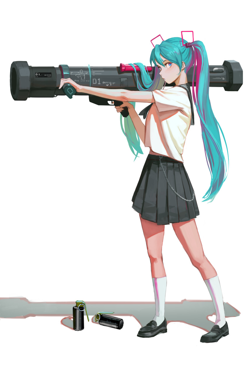 1girl absurdres aqua_eyes aqua_hair at4 black_footwear black_skirt commentary darr1o english_commentary explosive fgm-148_javelin full_body grenade hand_grenade hatsune_miku highres horizontal_forward_grip kneehighs less-than-lethal_weapon long_hair man-portable_anti-tank_systems pleated_skirt recoilless_gun rocket_launcher school_uniform serafuku shadow shirt short_sleeves simple_background skirt smoke_grenade socks solo standing twintails very_long_hair vocaloid weapon white_background white_shirt white_socks
