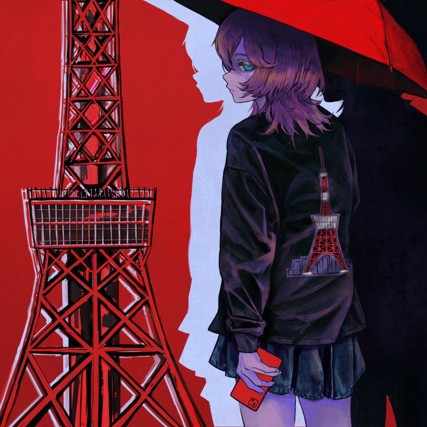 1girl absurdres aqua_eyes blue_skirt cellphone closed_mouth commentary cowboy_shot drop_shadow english_commentary fingernails from_behind hair_ornament half-closed_eyes highres holding holding_phone holding_umbrella jacket looking_at_viewer looking_back lui_n24 medium_hair original phone print_jacket purple_hair purple_jacket red_background red_umbrella skirt smartphone solo tokyo_tower umbrella