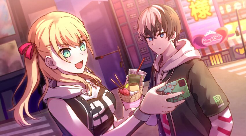 1boy 1girl :d arm_warmers bare_shoulders black_hair black_shirt black_vest blonde_hair blue_eyes blush breasts cali_(cali_me202) cellphone city closed_mouth clothes_writing commentary_request crop_top cropped_vest cup disposable_cup drawstring drinking_straw food green_eyes hair_between_eyes highres holding holding_cup holding_food holding_phone hood hood_down hooded_shirt hoodie ice_cream iroha_tsuki kuronaka_yo long_hair long_sleeves medium_breasts midriff multicolored_hair night open_clothes open_mouth open_shirt open_vest outdoors phone red_ribbon ribbon shirt short_hair short_sleeves sidelocks single_arm_warmer smartphone smile standing tribe_nine twintails two-tone_hair upper_body vest white_hair white_hoodie