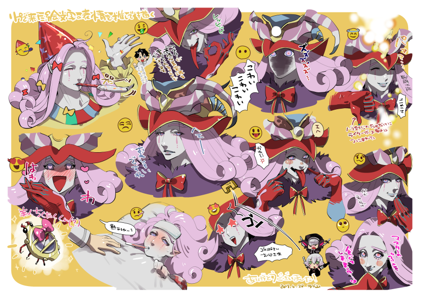 +_+ 2boys 2girls :d absurdres annoyed bed black_hair blanket blue_eyes blue_lips blush blush_stickers bomb bow bowtie braid cape chibi clown colored_skin commentary_request confetti curly_hair demon_boy emoji explosive multiple_expressions fangs fate/grand_order fate_(series) fever fujimaru_ritsuka_(male) fur-trimmed_cape fur_collar fur_trim gloves green_eyes hand_on_own_chin hand_up hat headpiece heart heart-shaped_pupils highres horns jack_the_ripper_(fate/apocrypha) lipstick long_tongue lovestruck loveyama makeup medium_hair mephistopheles_(fate) multicolored_eyes multiple_boys multiple_girls no_mouth nursery_rhyme_(fate) ok_sign open_mouth pointy_ears purple_eyes purple_hair serious shaded_face short_hair sick smile smirk smug symbol-shaped_pupils teardrop teeth thick_eyebrows thumbs_down tick_tock_bomb time_bomb tongue tongue_out towel towel_on_head translation_request white_hair white_skin