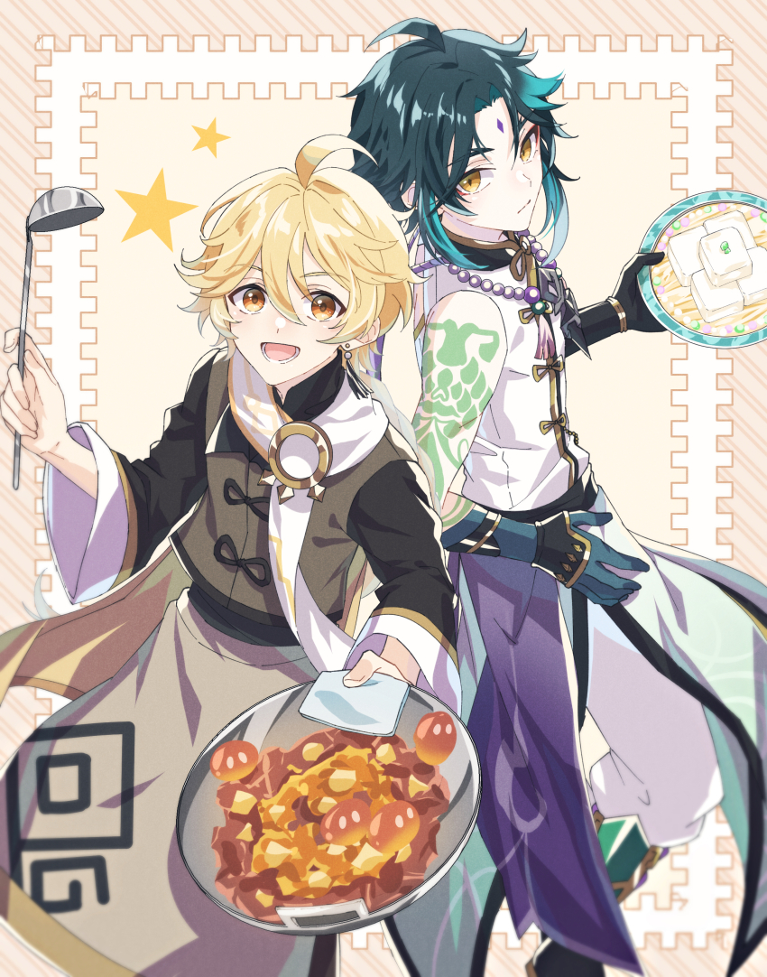 2boys absurdres aether_(genshin_impact) aqua_hair arm_tattoo bead_necklace beads black_gloves black_hair blonde_hair blush braid brown_vest cape chinese_clothes closed_mouth earrings facial_mark food forehead_mark genshin_impact gloves green_gloves hair_between_eyes highres holding holding_plate holding_spatula jewelry long_hair long_sleeves male_focus mizuamememe multicolored_hair multiple_boys necklace open_mouth pants plate pyro_slime_(genshin_impact) shirt short_hair slime_(genshin_impact) smile spatula tattoo tofu vest white_pants white_shirt xiao_(genshin_impact) xiao_(sweets_paradise)_(genshin_impact) yellow_eyes