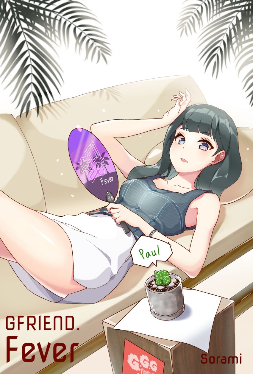1girl absurdres artist_name blunt_bangs bracelet cactus chw2046 commentary copyright_name couch english_commentary eunha_(gfriend) gfriend green_hair hair_behind_ear hand_fan highres jewelry k-pop looking_at_viewer lying miniskirt on_back on_couch real_life skirt sleeveless solo white_skirt