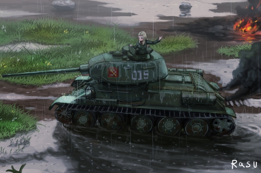 1girl arm_up artist_name blonde_hair blue_eyes clara_(girls_und_panzer) commentary_request dnjd15411541 emblem girls_und_panzer green_jacket jacket korean_commentary long_hair long_sleeves military military_vehicle motor_vehicle pravda_(emblem) pravda_military_uniform rain red_shirt shirt solo t-34 t-34-85 tank turtleneck vehicle_focus