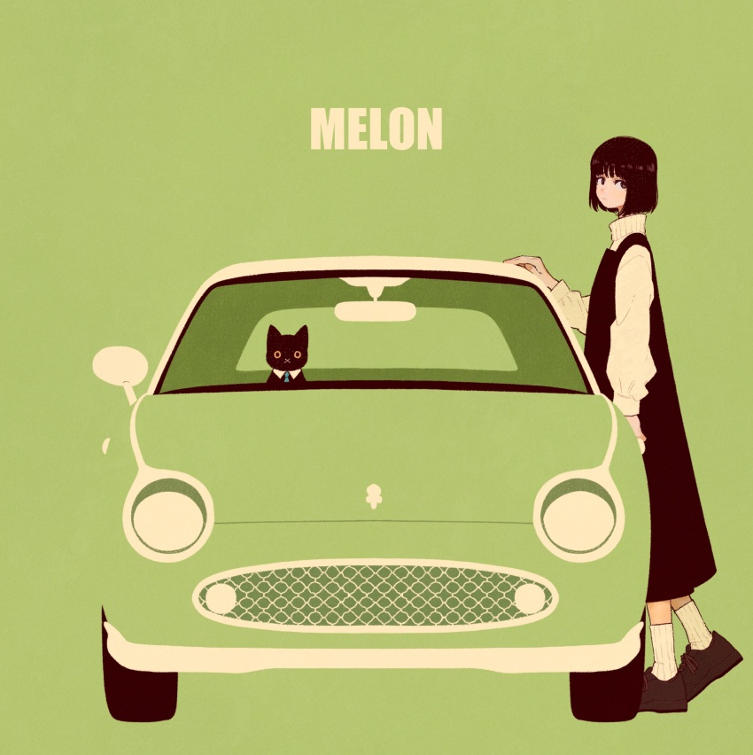 1girl black_cat black_dress black_hair black_shoes blending car cat dress english_text green_background highres long_sleeves looking_at_viewer motor_vehicle original shoes short_hair simple_background socks solo sweater syooooyoooo white_socks white_sweater