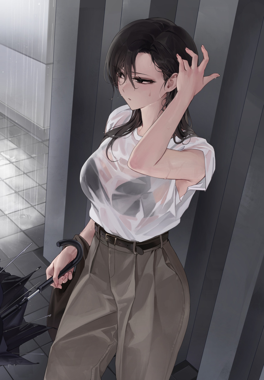 1girl arm_up belt black_belt black_eyes bra_visible_through_clothes breasts brown_pants commentary_request from_above hair_behind_ear hair_over_shoulder highres holding holding_umbrella large_breasts long_hair original outdoors pants rain sabotensuteeki see-through_clothes see-through_shirt shirt shirt_tucked_in solo standing taking_shelter tile_floor tiles umbrella water_drop wet wet_clothes wet_hair white_shirt
