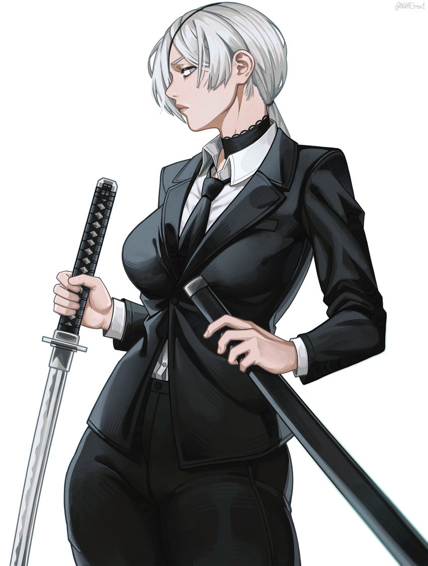 1girl absurdres black_choker black_jacket black_necktie black_suit breasts chainsaw_man choker closed_mouth formal_clothes grey_eyes grey_hair highres holding holding_sword holding_weapon jacket katana lace-trimmed_choker lace_trim large_breasts long_hair necktie nivactrov1 pant_suit pants quanxi_(chainsaw_man) shirt simple_background solo suit suit_jacket sword weapon white_background white_shirt
