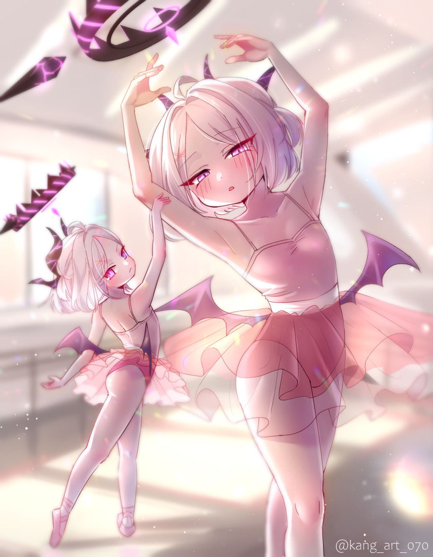 1girl ahoge arm_up armpits arms_up ass ballerina ballet ballet_slippers blue_archive blush breasts commentary demon_horns demon_wings hair_bun halo highres hina_(blue_archive) horns indoors leotard long_hair mata_ashita multiple_views pantyhose pink_eyes pink_leotard pink_shoes pink_skirt see-through_clothes shoes skirt small_breasts thighs tiptoes tutu white_hair white_pantyhose wings