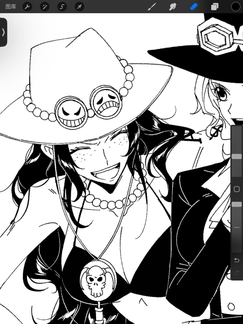 2girls ^_^ bikini bikini_top_only closed_eyes commentary_request freckles genderswap genderswap_(mtf) goggles goggles_on_headwear greyscale hat highres jewelry kurenaikiyumi long_hair monochrome multiple_girls necklace one_piece open_mouth pearl_necklace portgas_d._anne sabo_(one_piece) swimsuit