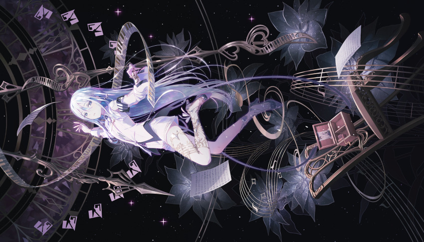 1girl clock clock_hands colorful_palette grey_hair hair_between_eyes highres long_hair looking_at_viewer music_box official_art piano_keys project_sekai shirt shorts solo star_(sky) third-party_source utakata_ni_idakarete_(project_sekai) very_long_hair white_shirt white_shorts yoisaki_kanade