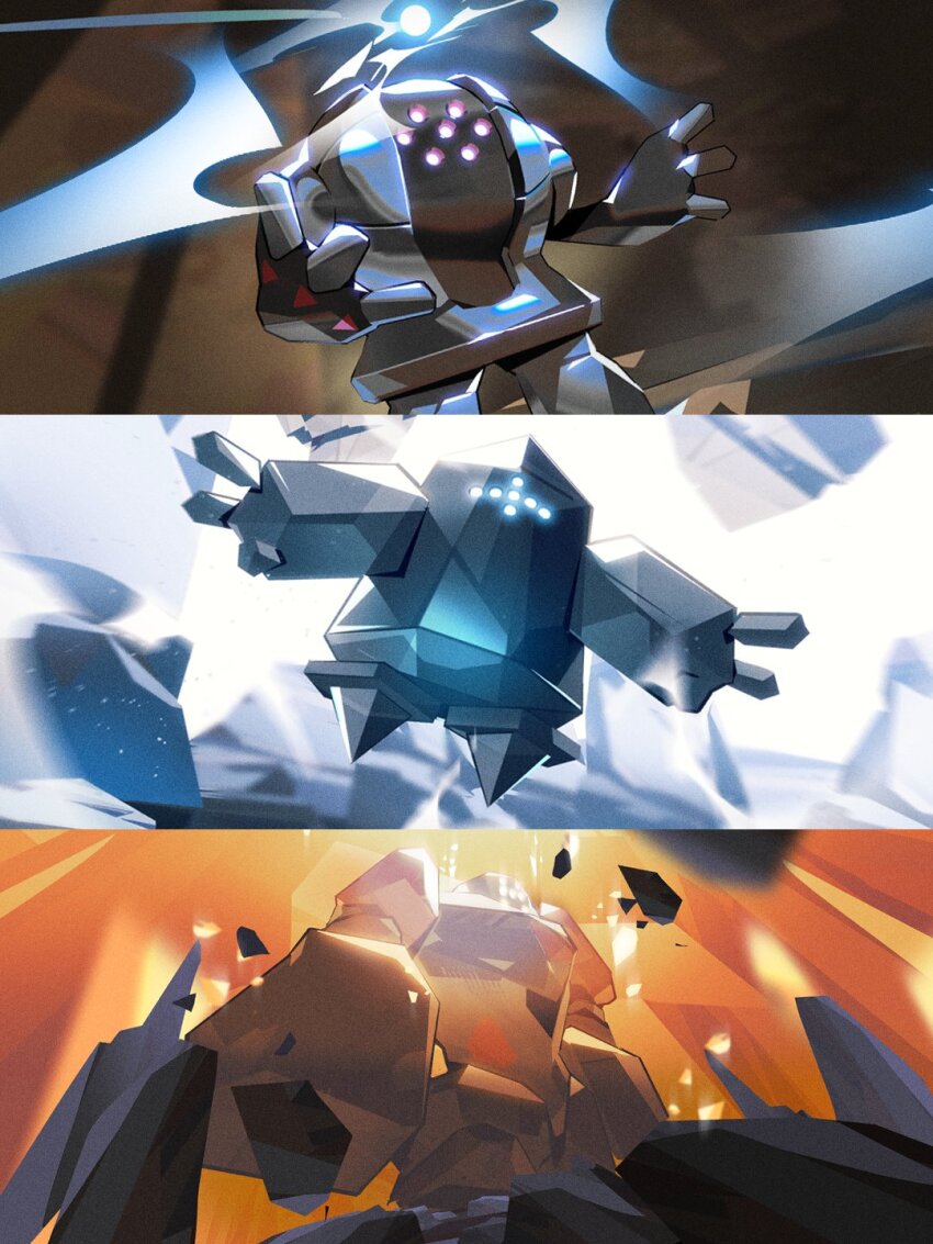 blue_eyes column_lineup crystal energy_ball extra_eyes from_below full_body game_freak gen_3_pokemon glowing glowing_eyes golem hands_up highres ice legendary_pokemon looking_at_viewer looking_up matwvv nintendo no_humans orange_background pokemon pokemon_(creature) pokemon_focus powering_up red_eyes regice regirock registeel rock standing white_eyes