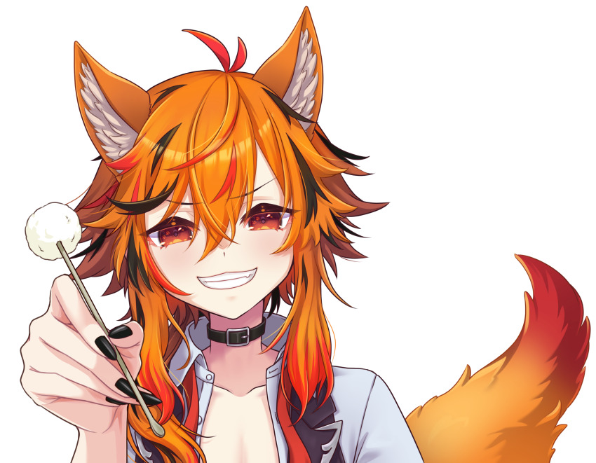 1girl animal_ears belt belt_collar black_belt black_hair black_nails black_vest collar collarbone fingernails fox_ears fox_girl fox_tail grin hair_between_eyes highres kazami_kuku kemonomimi_mode large_variant_set long_bangs long_hair looking_at_viewer mimikaki multicolored_hair nail_polish nanashi_inc. open_clothes open_shirt open_vest orange_eyes orange_hair red_hair reona_kfc02 shirt simple_background smile solo tail transparent_background upper_body v-shaped_eyebrows variant_set vest virtual_youtuber white_shirt