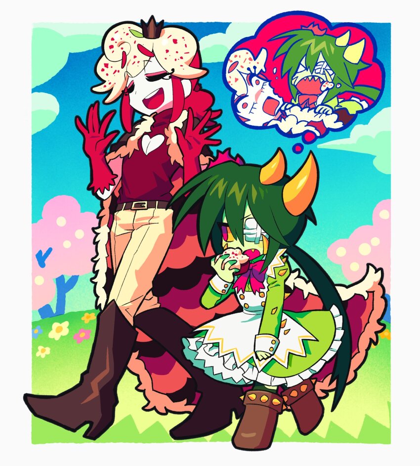 1boy 1girl blonde_hair boots cactus_girl cape closed_eyes clothing_cutout colored_sclera commentary dress eating english_commentary full_body fur-trimmed_cape fur_trim gauze gauze_over_eye gloves green_dress green_hair heart_cutout highres long_hair low_twintails maid monster_girl original outdoors plant_girl red_eyes red_gloves red_hair red_shirt satanmanse shirt speech_bubble thorns thought_bubble turtleneck turtleneck_shirt twintails very_long_hair walking yellow_sclera