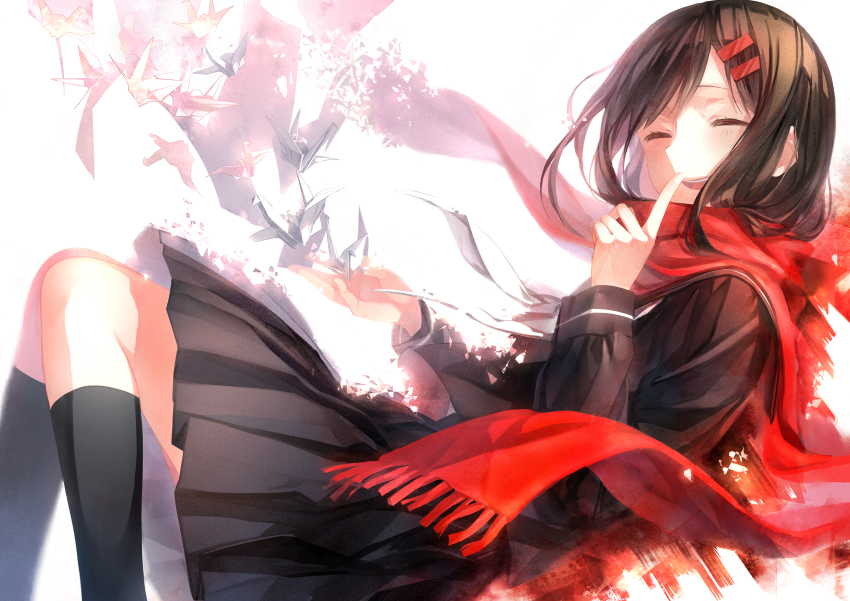 1girl absurdres black_hair black_serafuku closed_eyes dekatanaba enpera female_focus finger_to_mouth fringe_trim hair_ornament hairclip highres kagerou_project long_hair origami paper_crane red_scarf scarf school_uniform serafuku smile solo tateyama_ayano